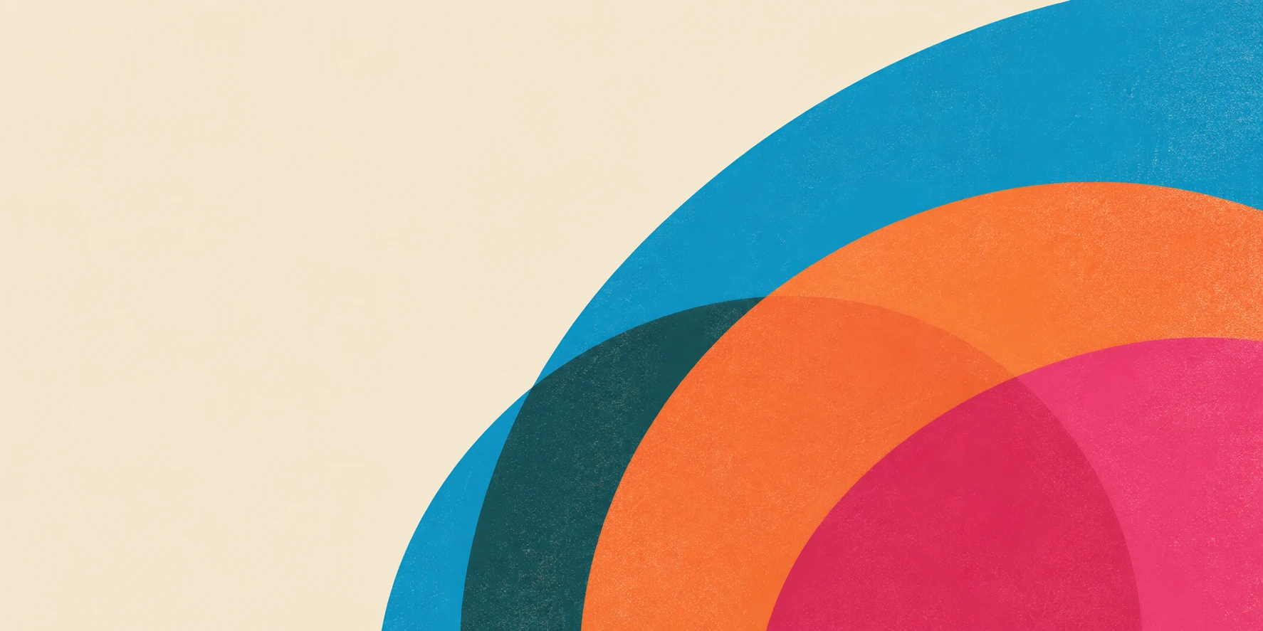 Overlapping orange, pink, and blue arcs on warm paper.