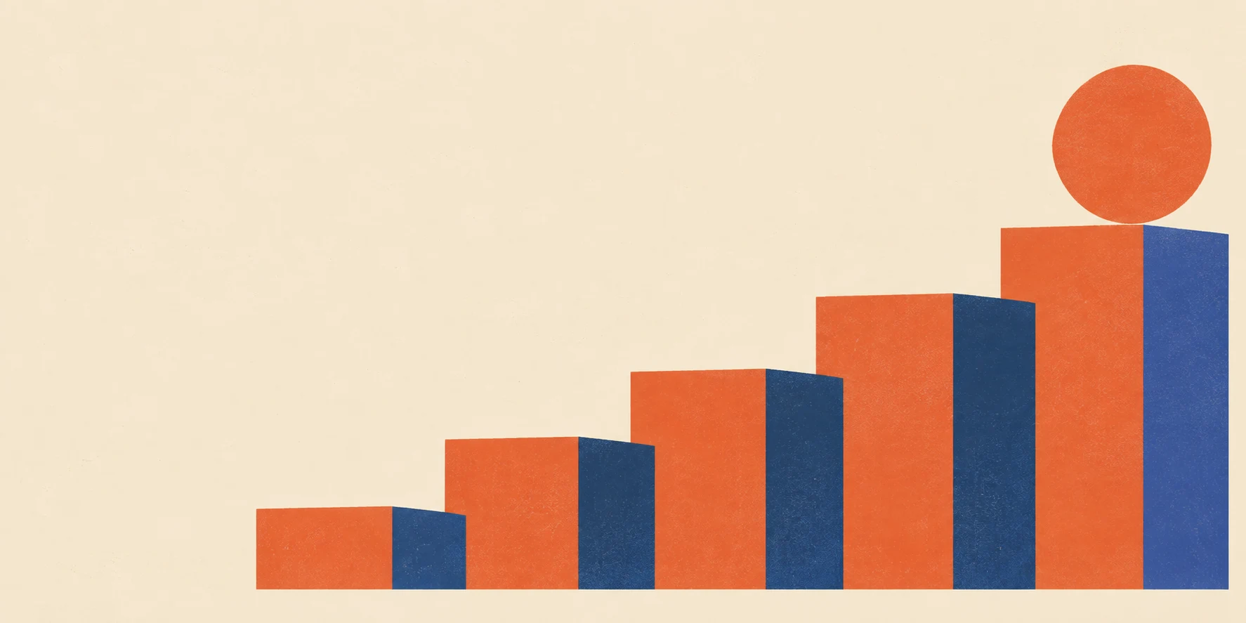 Orange and blue steps rise toward a circle on warm paper.
