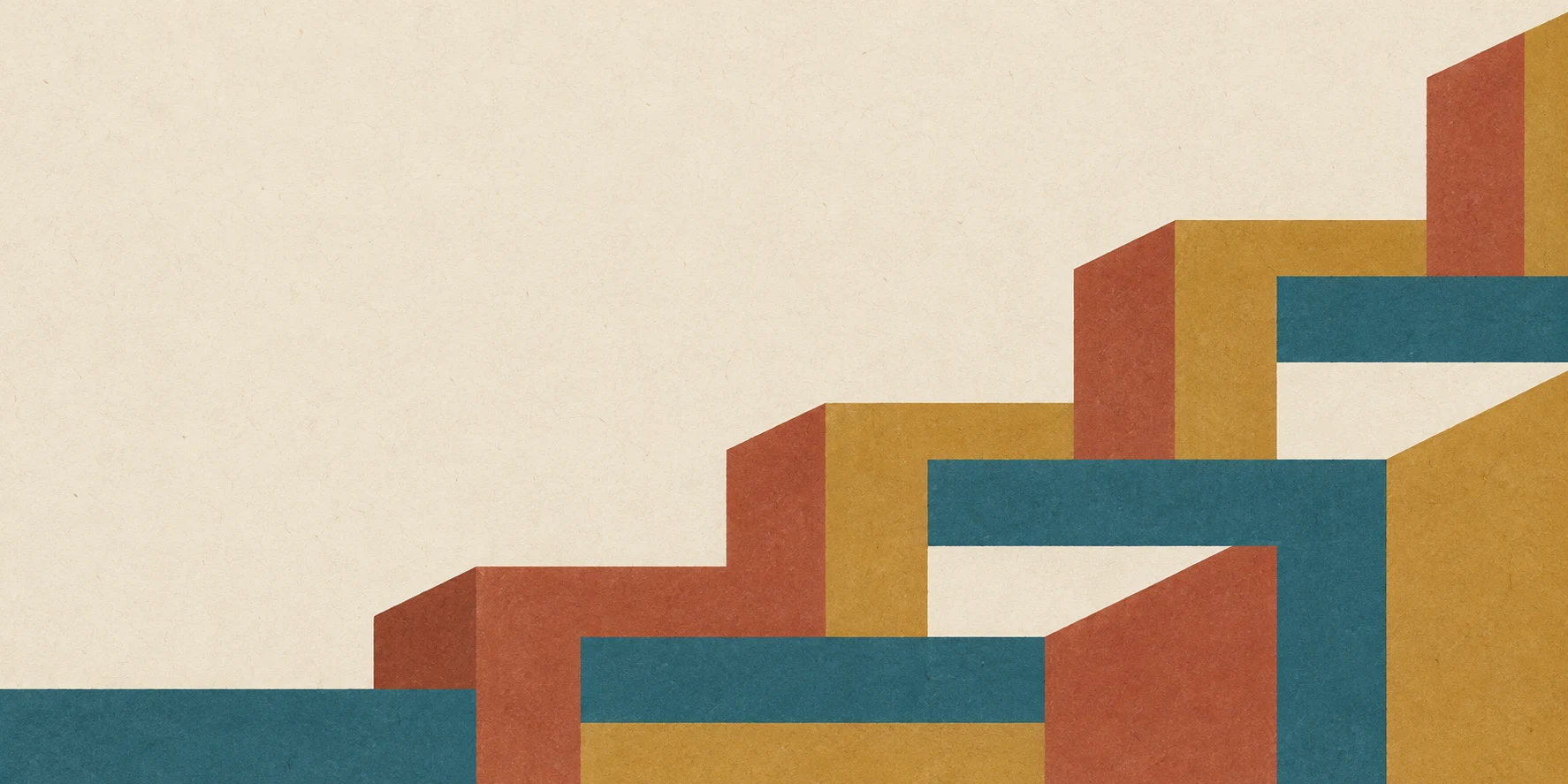 Interlocking geometric forms in warm printed colors.