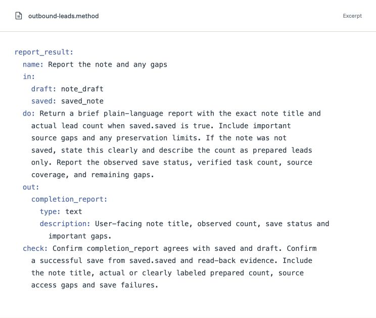 An excerpt from the lead Method file: inputs, worker instructions, a text output, and an independent check for the final report.